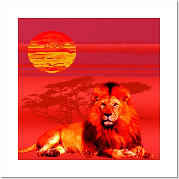 Africa Lions Sunrise Desert Red Gift T-Shirt Wall Art by gdimido